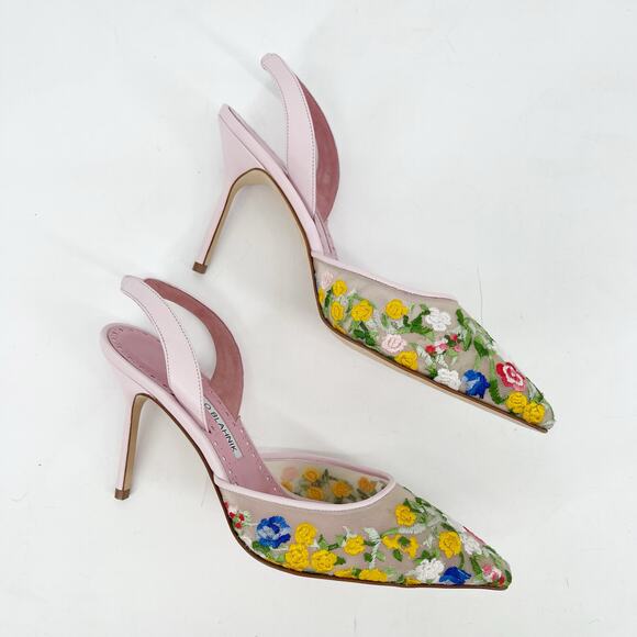 Manolo Blahnik Jardoline Pink Floral Embroidered Mesh Slingback Heels IT 36 - Picture 5 of 14